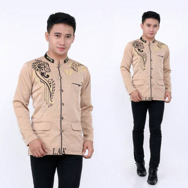 Jas koko bordir warna coklat muda kombinasi list hitam