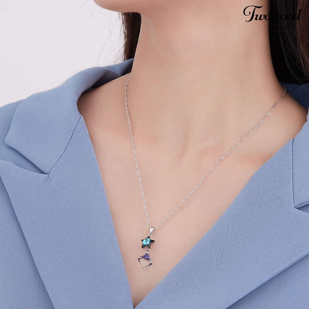 Kalung Choker Silverhoo Liontin Bintang Kristal Tiruan Biru Persegi Tahan Lama Untuk Wanita