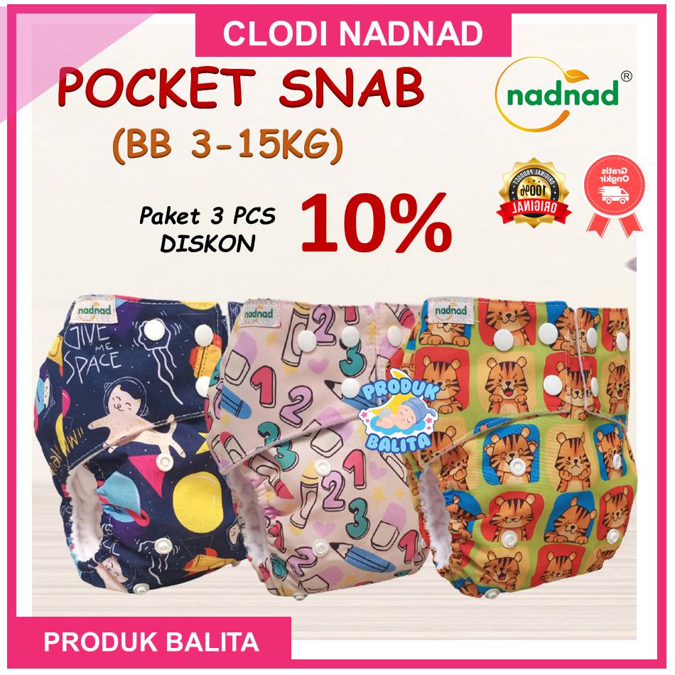 Popok Clodi Pocket Snab BB 3-15 KG Clodi By Nadnad Desain Terbaru Kain Lebih Lembut Tidak Lentur Motif Eksklusif