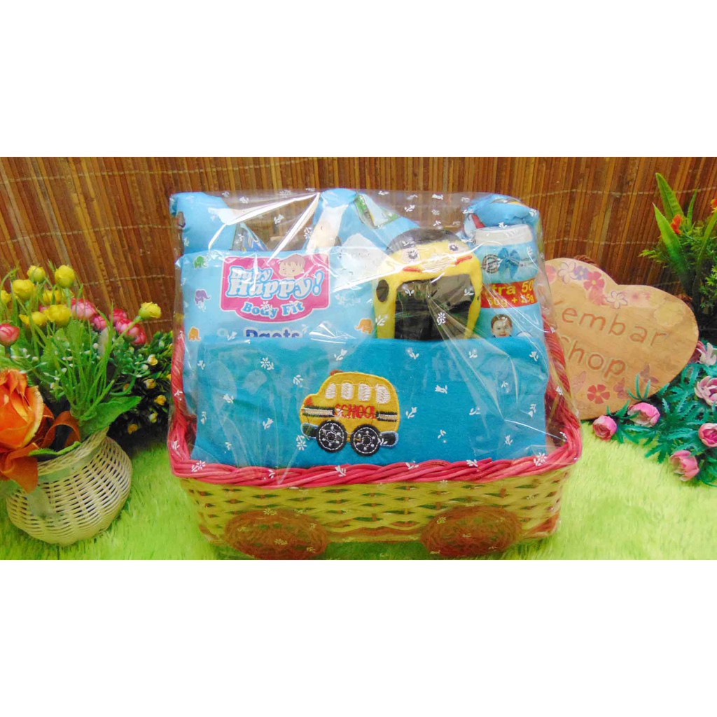 kembarshop FREE KARTU UCAPAN Paket Parcel Kado Bayi Laki-Laki Baru Lahir Kereta Bus Tayo