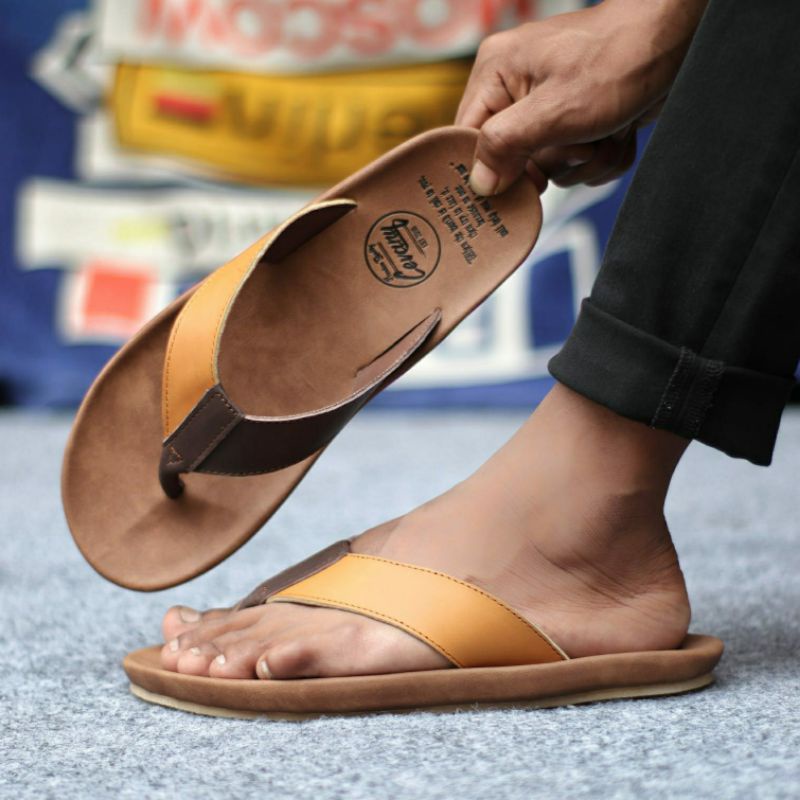 JAVIT Sandal Jepit Pria Kulit Asli Sendal Cowok Casual Main Kombinasi Warna Keren