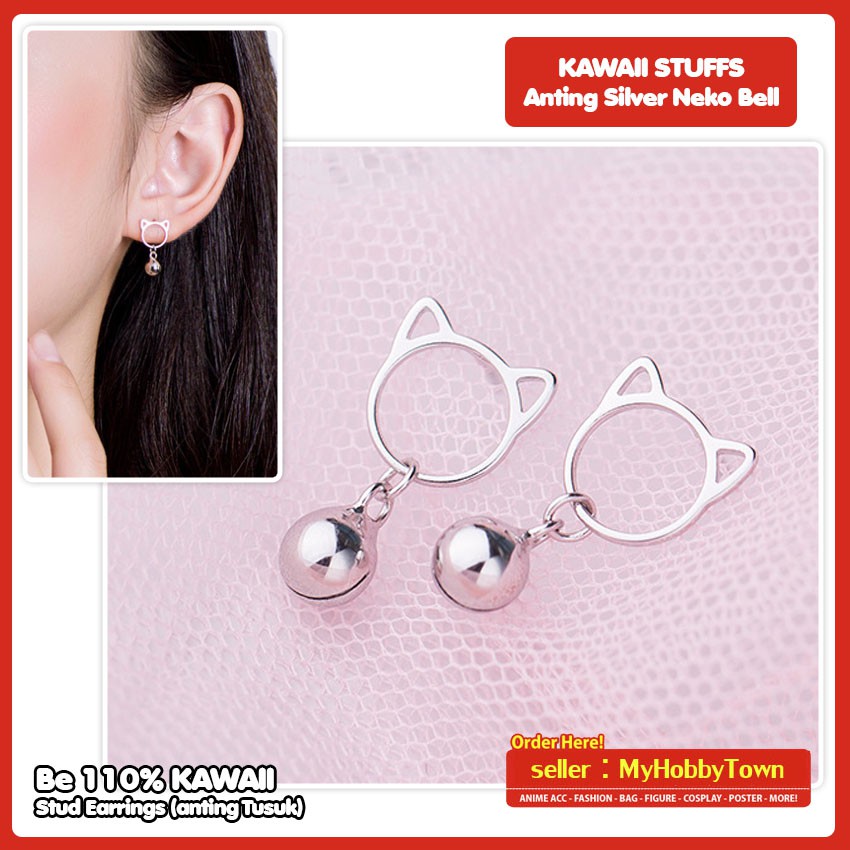 Anting Silver Neko Cat Kucing Bell Lonceng Lucu Kawaii Terlaris