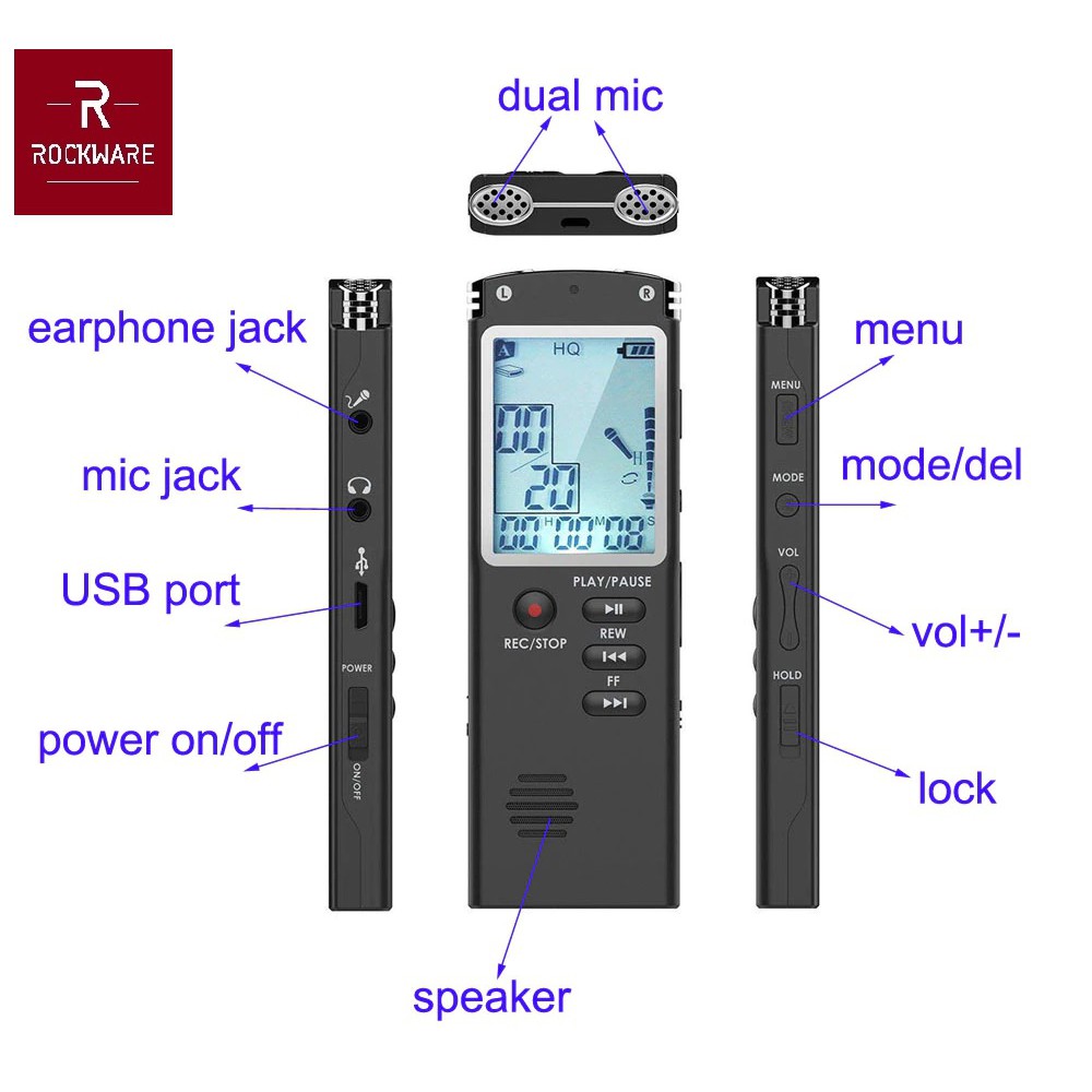 ROCKWARE RW-AVR02- Professional Audio Voice Recorder 8GB - Dictaphone