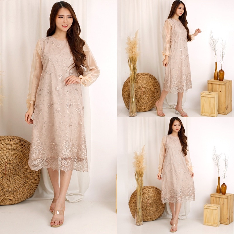 Dress Yuri Organdi Brukat Tulle Glitter Mutiara Tille Premium Brukat Tule Dres Imlek Murah Cantik