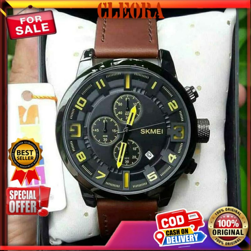 Jam Tangan Pria SKMEI Chrono stopwatch Original Analog Chronograph Tali Kulit Jm Arloji Tahan Anti A