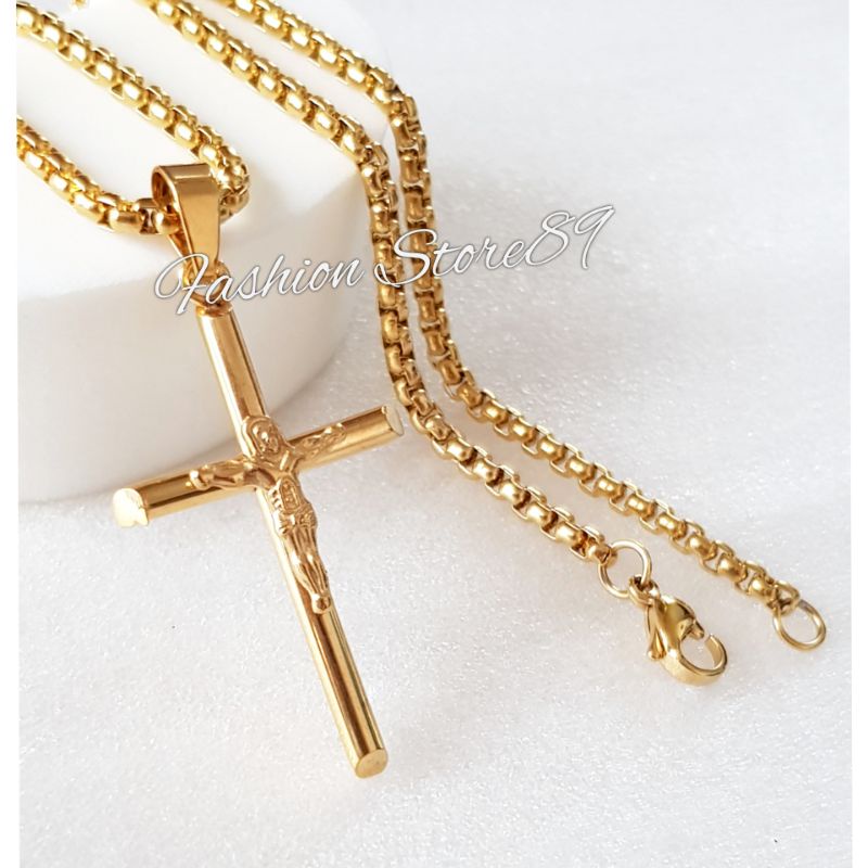 Kalung Salib Jesus Big size Titanium impor Fashion Rohani Salib Jesus Titanium Premium gold silver Pria Wanita Antikarat