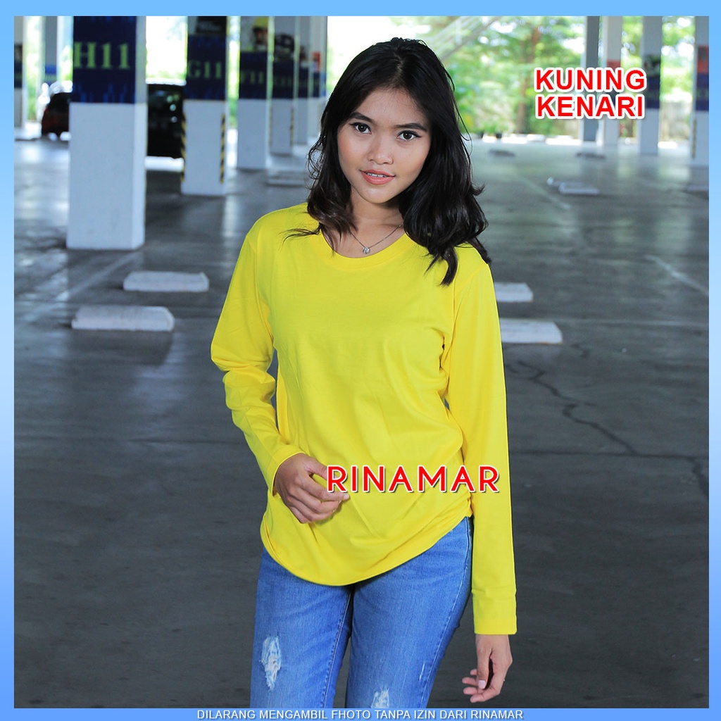 Kaos Polos Wanita Lengan Panjang Katun Lembut Warna Kuning Kenari