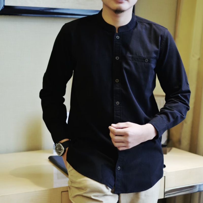 KEMKO PRIA LENGAN PANJANG BAHAN FULL COTTON WASHING KEMEJA KOKO WARNA HITAM ARMY MAROON TAN M L XL