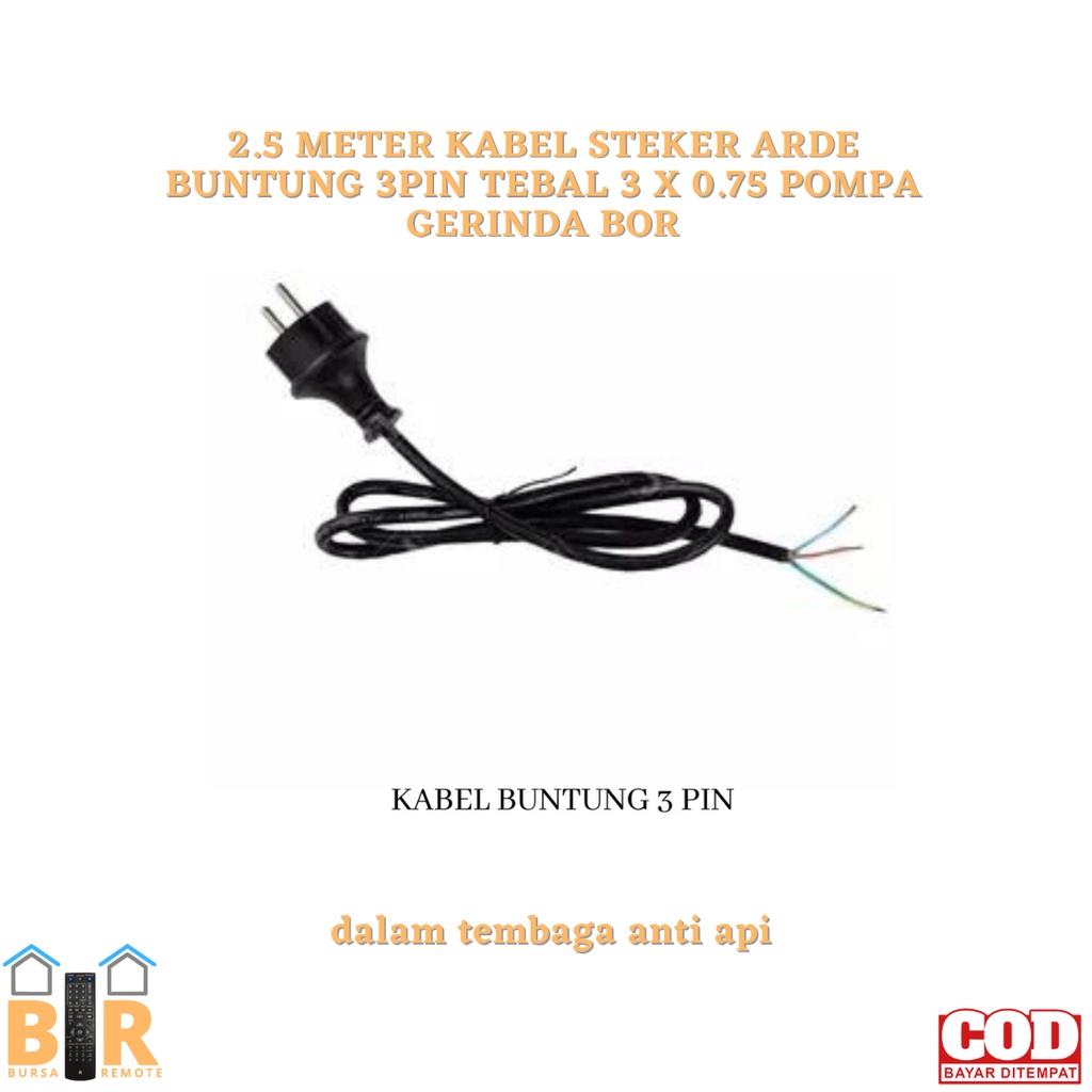 Kabel Steker ARDE BUNTUNG 3PIN TEBAL 3 X 0.75 POMPA GERINDA BOR 2.5meter isi tembaga anti api