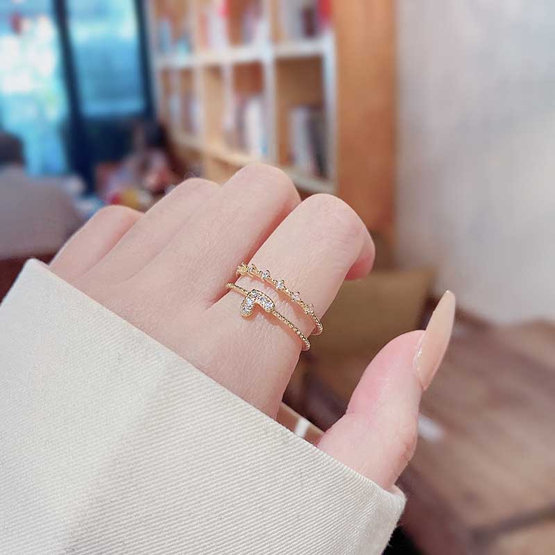 Cincin Wanita Bahan Titanium Steel Lapis Ganda Bentuk Hati Hias Kristal Berlian Untuk Pernikahan