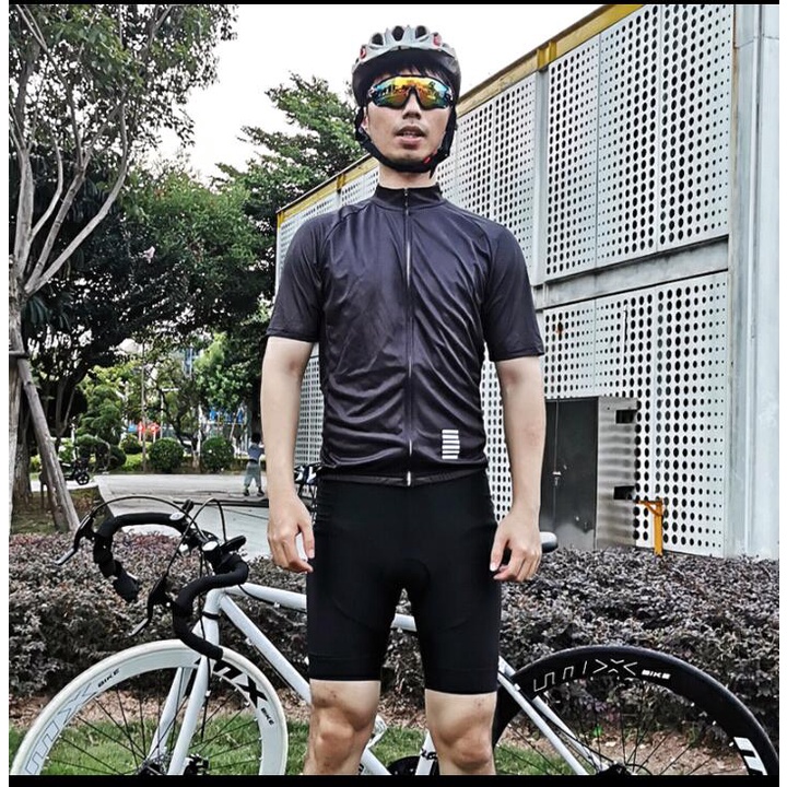 RAPHA Pakaian Bersepeda Padding 9D Gel Jersey Sepeda Roadbike MTB Pria/Wanita Hitam Lengan Pendek