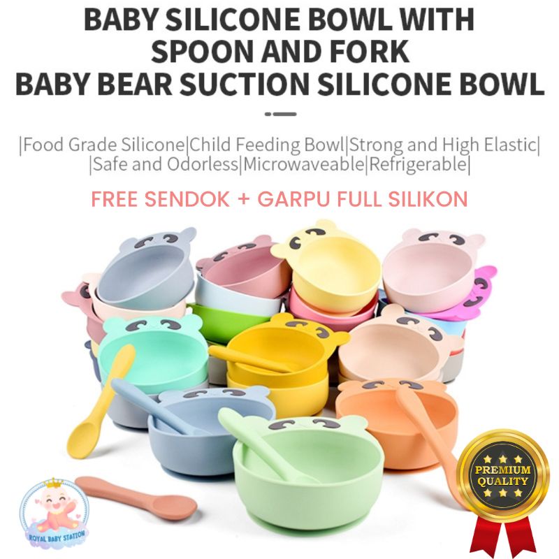 PROMO 3in1 Set Mangkok Piring Bayi Silikon BEAR Sendok Garpu Anti Tumpah Premium