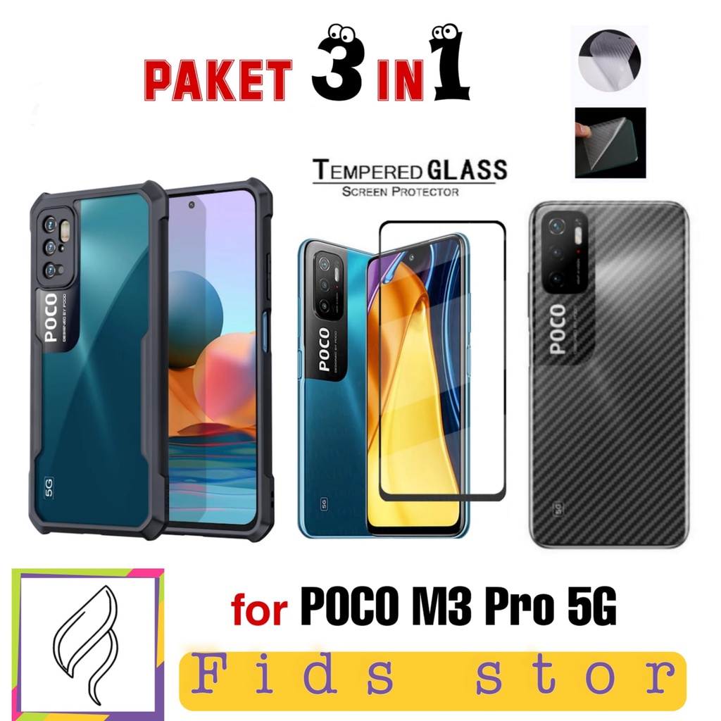 PROMO 3in1 CASE SHOCKPROOF + TEMEPERED GLASS FULL COVER BLACK + GARSKIN For Xiaomi POCO M3 Pro 5G