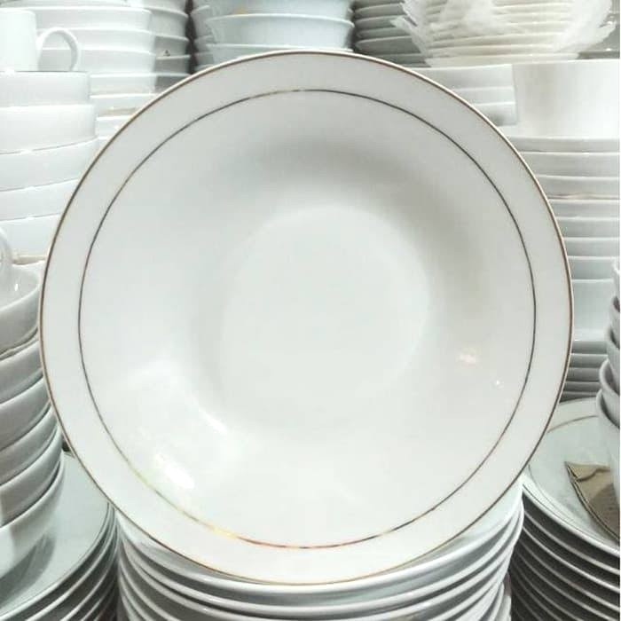 Piring Beling Keramik Porselen Cekung 9" Piring Putih Lis Garis Dua Silver Sunbird Piring Makan