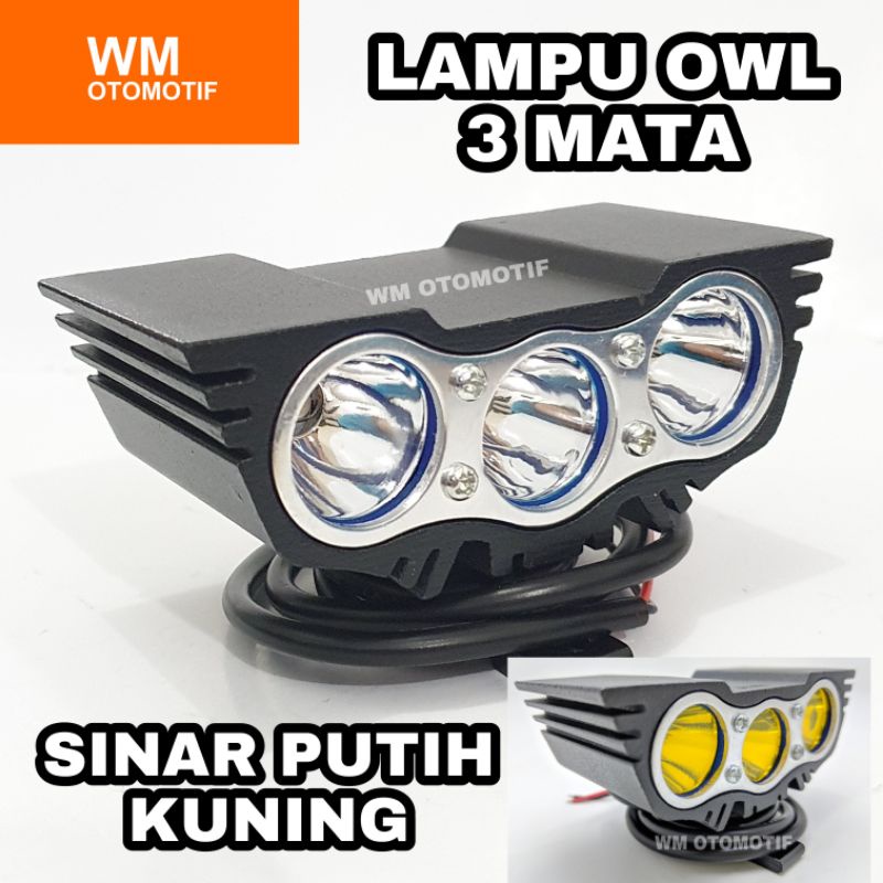 Lampu LED Tembak Sorot OWL 3 Mata Ultrafire Putih Kuning Bar Cree Motor Mobil Flash Kedip 24 Volt Truk Bus Tronton Fuso Canter CWL Lightbar Work Light Offroad Rx King