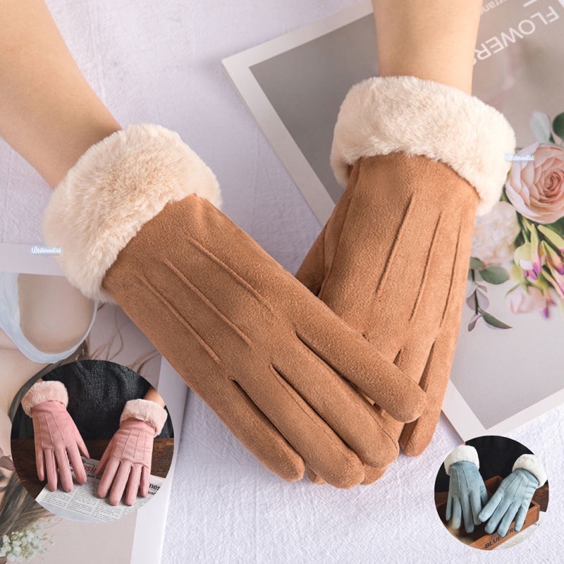 Gloves winter wanita sarung tangan musim dingin suede import hangat bulu fur fashion lara