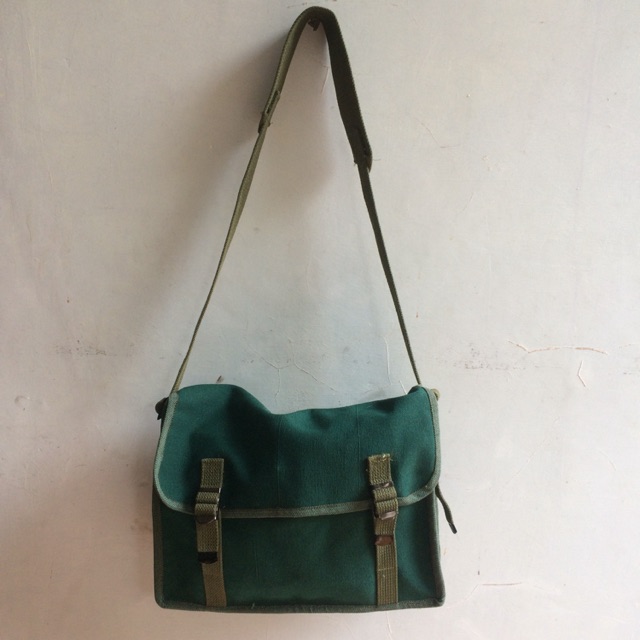 tas kanvas slempang selempang jadul kuno vintage lawas tentara kulit stb postman bag hijau