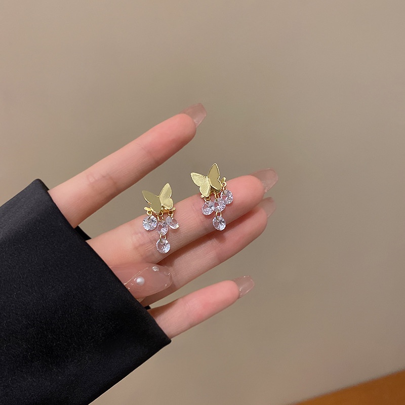 Anting Rumbai Bentuk Kupu-Kupu Warna Emas Bahan Zirkon Gaya Korea Butterfly