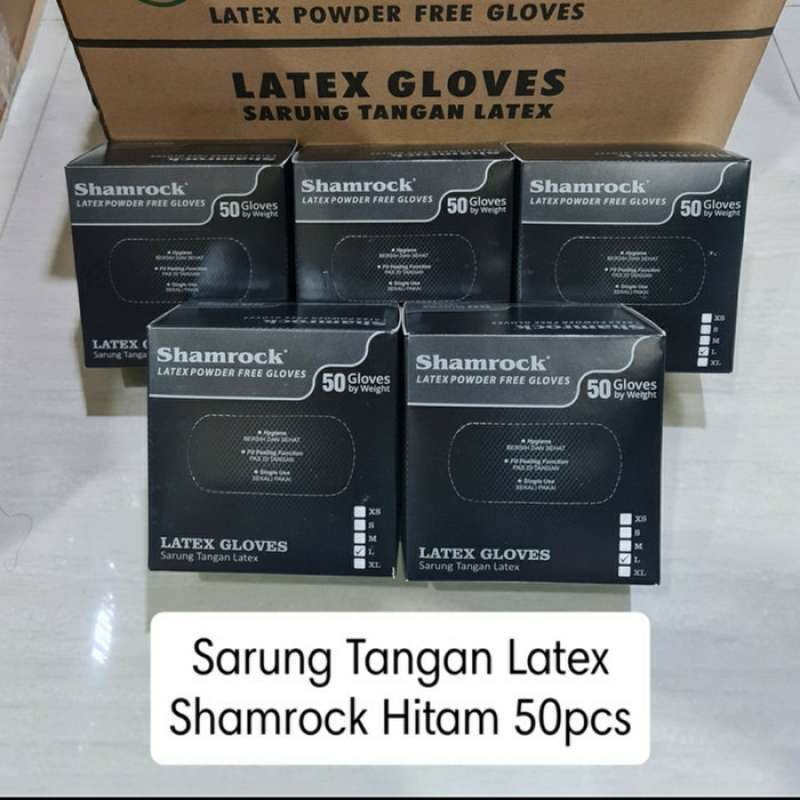 SARUNG TANGAN KARET LATEX SHAMROCK HITAM POWDER FREE Isi 50