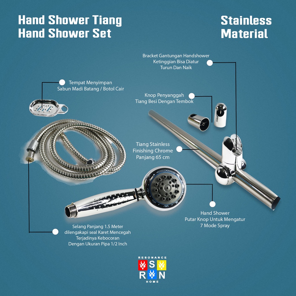 Handshower Tiang Fullset Stainless Resonance Home