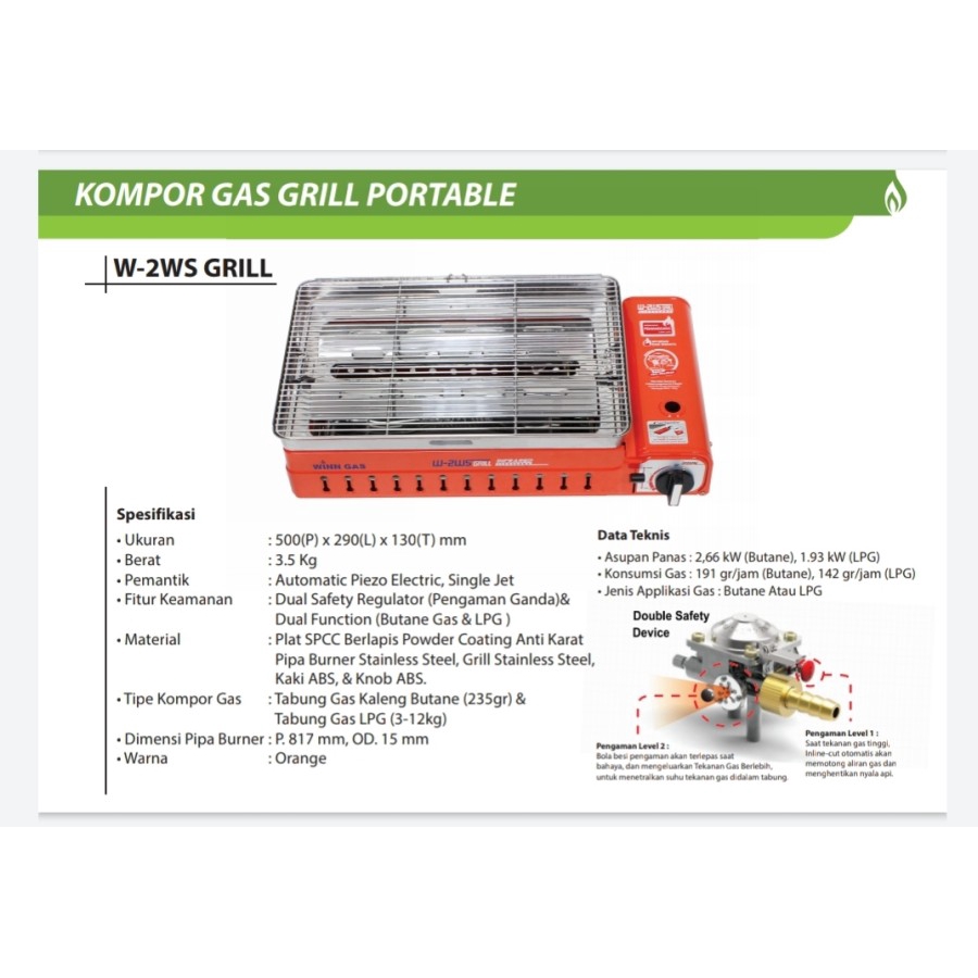 Winn Gas Kompor Portable Grill W2WS - 2 Fungsi / Paket Selang Regulator W88/W900