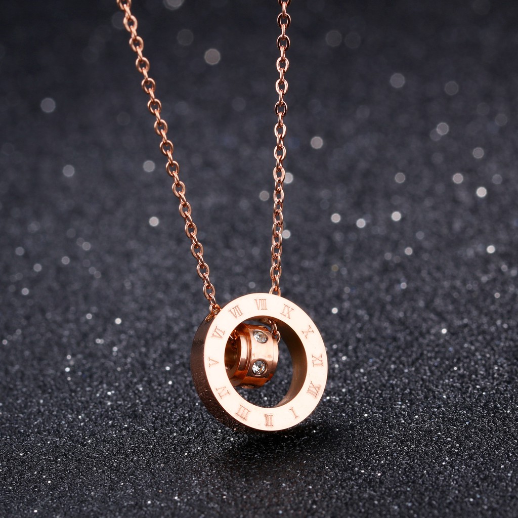 Kalung RoseGold Liontin Double Round Huruf Romawi dengan Batu Permata