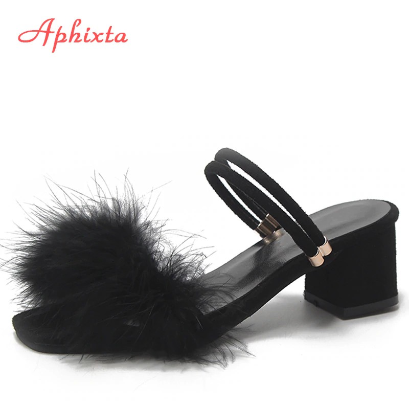 Aphixta 100% Real Ostrich Feather Sandals Women Shoes Fur Square Heel Lady Dual Use Mujer Wedges