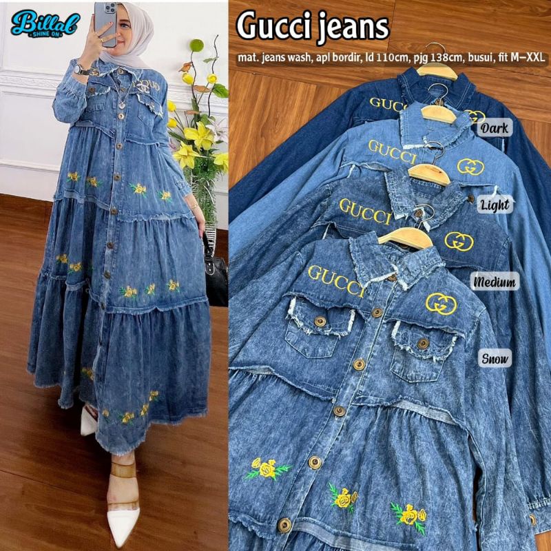 PAKAIAN WANITA IMPORT DRESS JEANS WASH BUSUI LD 110 PJ 138 BORDIR GUCCI/GAMIS JEANS TERBARU 2022 TER