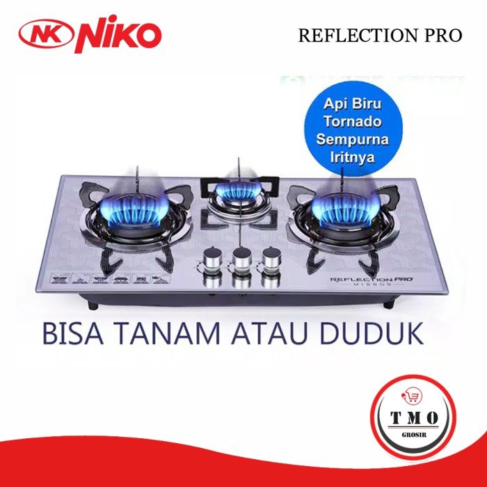 NIKO Kompor Gas 3 Tungku Tempered Glass Reflection PRO - Mirror FREE Selang Paket Hemat SNI