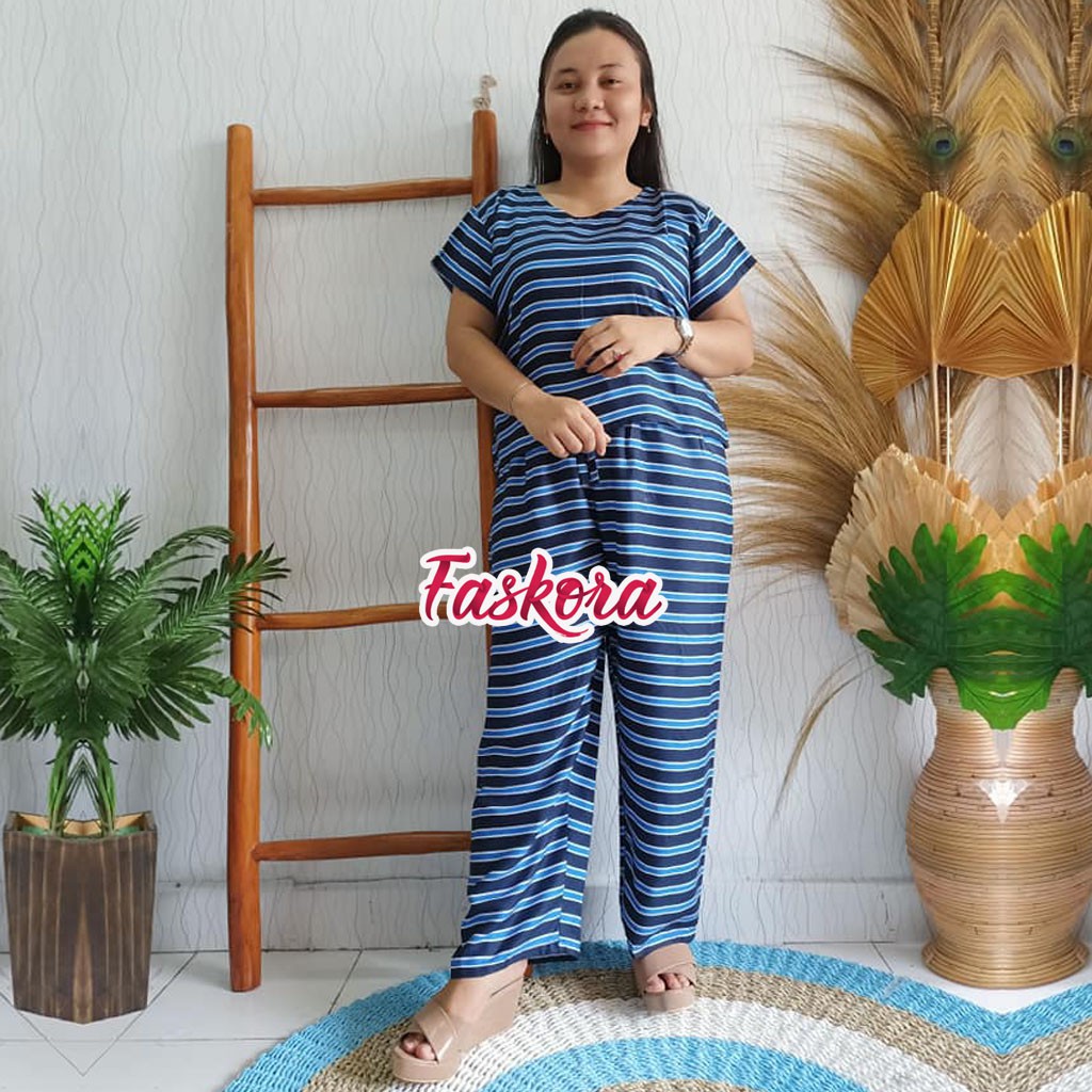Piyama Wanita Dewasa Jumbo / Pajamas Rayon Set Lengan Pendek / Setelan Rayon Jumbo Pendek XXL Salur
