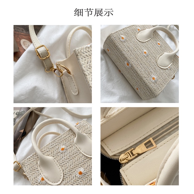 DBCOL Tas Selempang Wanita Bahan Anyam Jerami Import/Slingbag Fashion Wanita Motif Lace dan Daisy