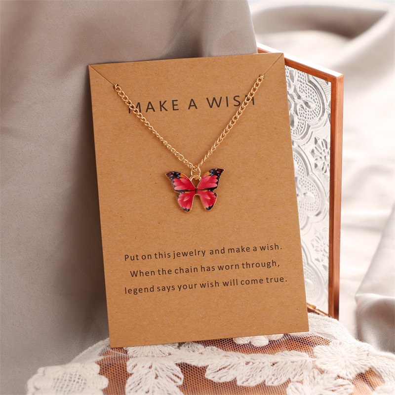 Make a wish paper card fashion slanted butterfly painting oil woman necklace gift jewelry accessories factory wholesale