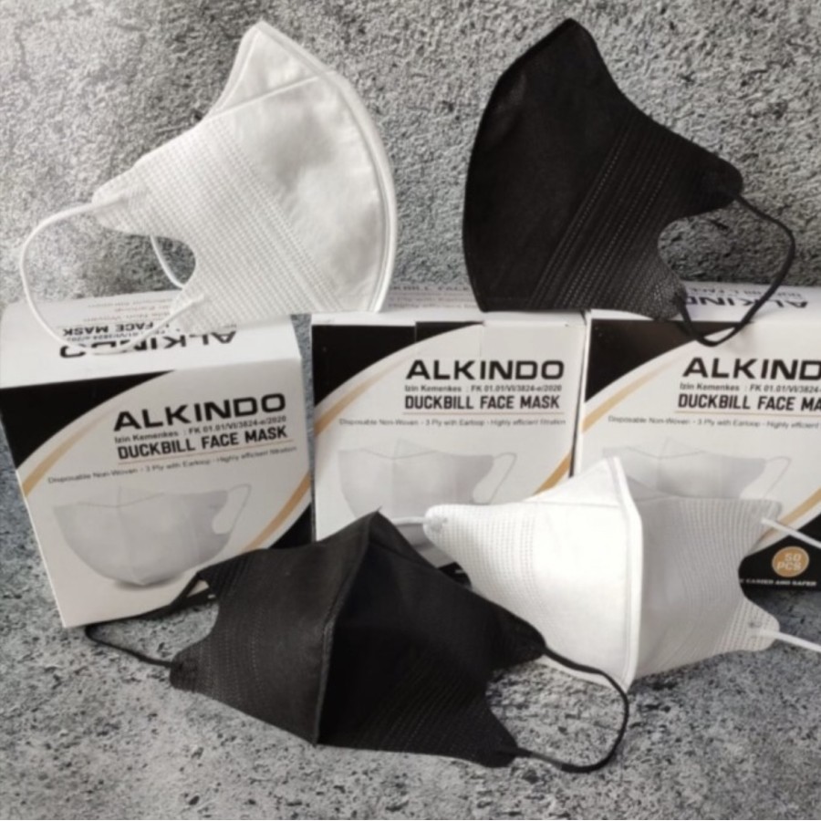Masker Duckbill 1 Box Isi 50 Pcs  Hitam dan Putih l Masker Earloop Duckbill Alkindo 1 Kotak
