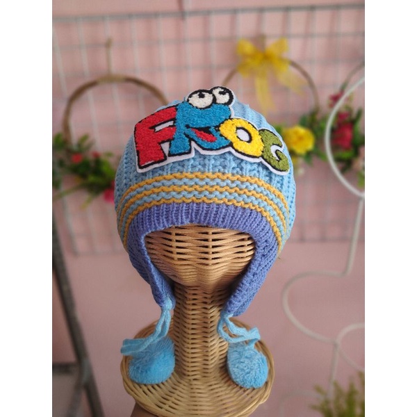 Topi Kupluk Rajut Hangat Anak Bayi Laki Laki SNI Pom Pom dengan Tali Karakter Lucu