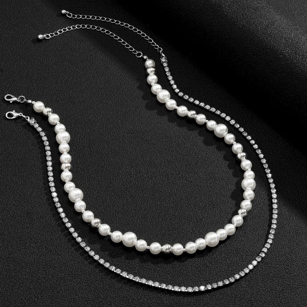 Agustina Pria Neckalce Shinny Unisex Mutiara Double-Layer Punk Berlian Imitasi Fashion Perhiasan