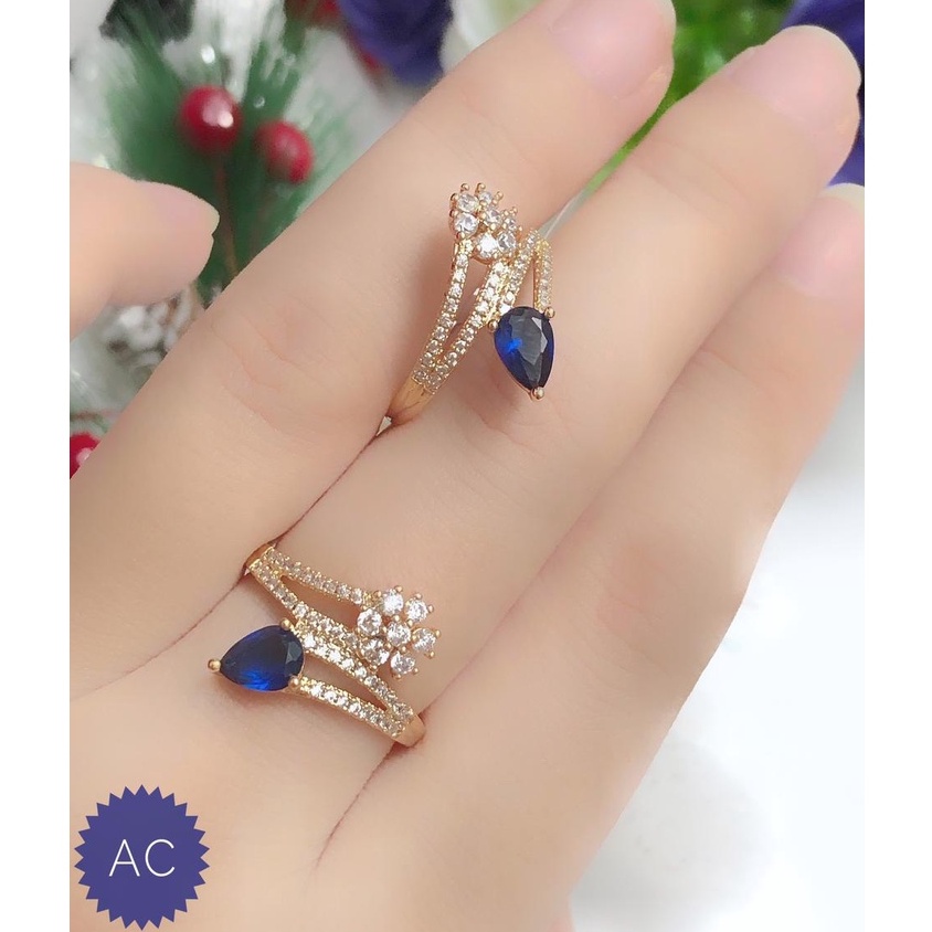 (JUN) Set Perhiasan Lapis Emas Xuping Cincin Permata Ungu Kebiruan Ala Layangan Putus Titanium Gold