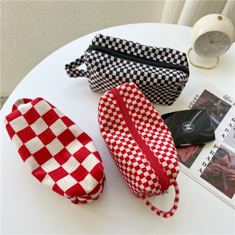 

AGOEE-Ins Retro Chessboard Cute Pencil Case Simple Style Cow Spot Girl Cosmetic Wash Supplies Storage Bag