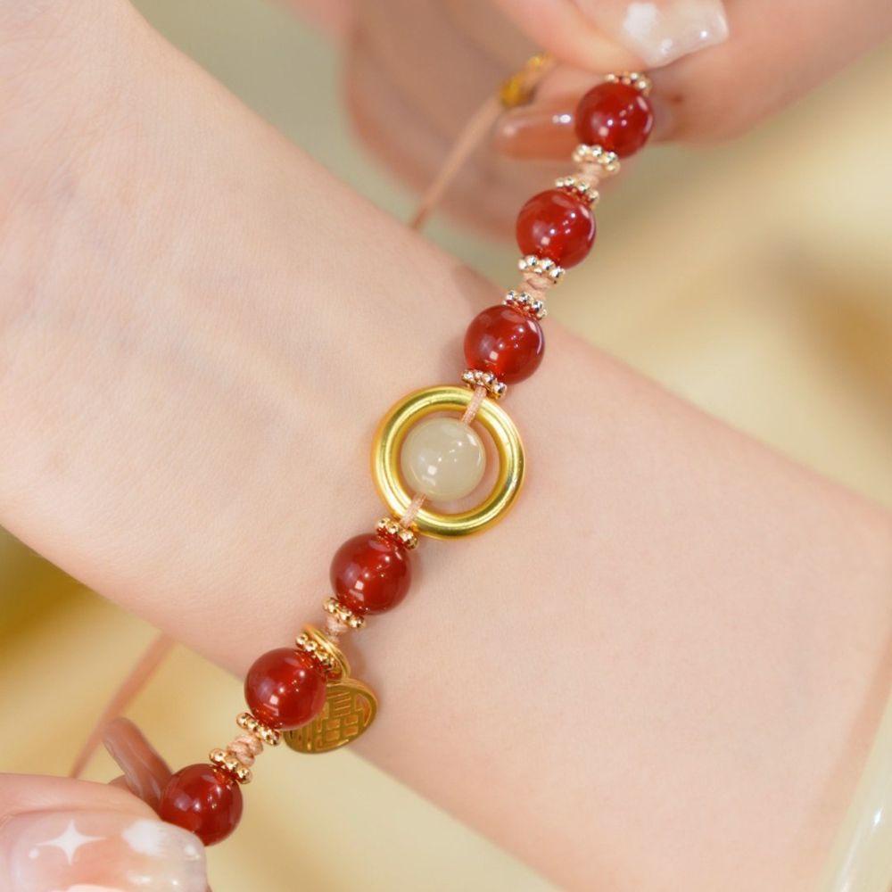 Gelang Giok Agate Merah Hijau Bentuk Kelinci Gaya China Korea Untuk Hadiah