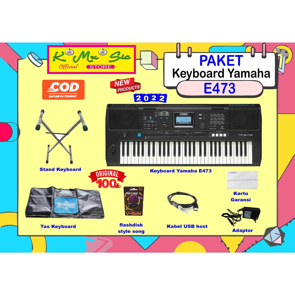 [ COD ] Promo Paket Keyboard Yamaha E473 E 473 E-473 original include stand tas flashdisk style song
