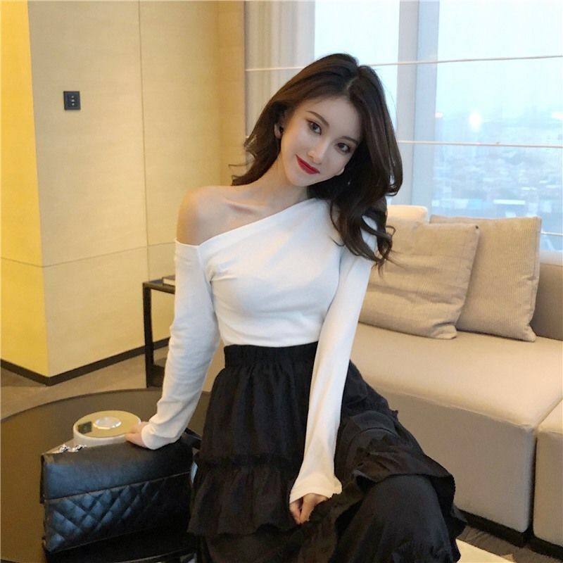 import sexy open collarbone slanted shoulder top off-shoulder one word neck bottoming shirt wanita l