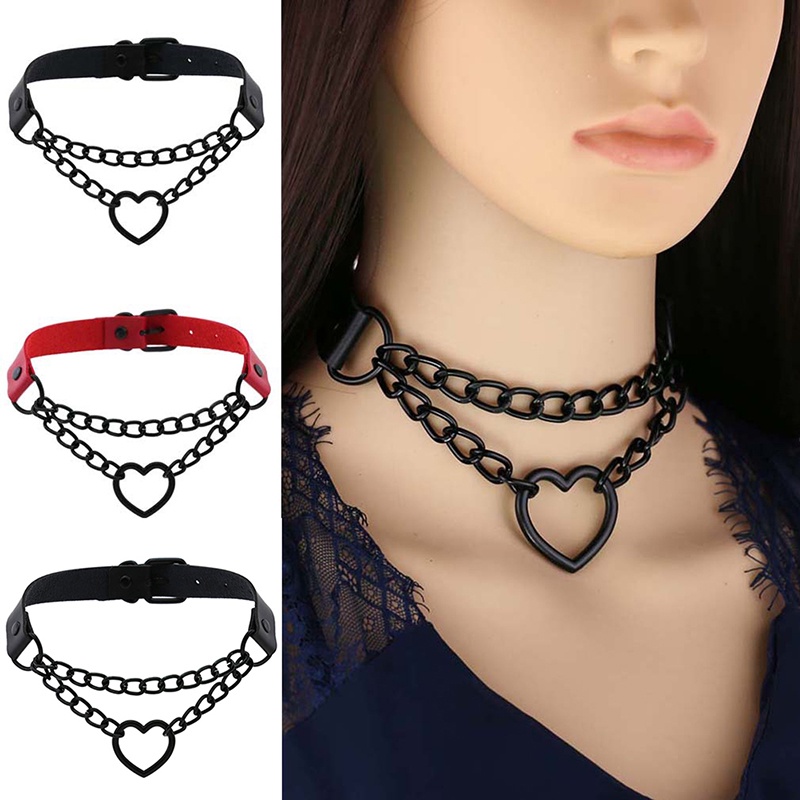 Kalung Choker Bahan Kulit PU Warna Hitam Merah Gaya Gothic Punk