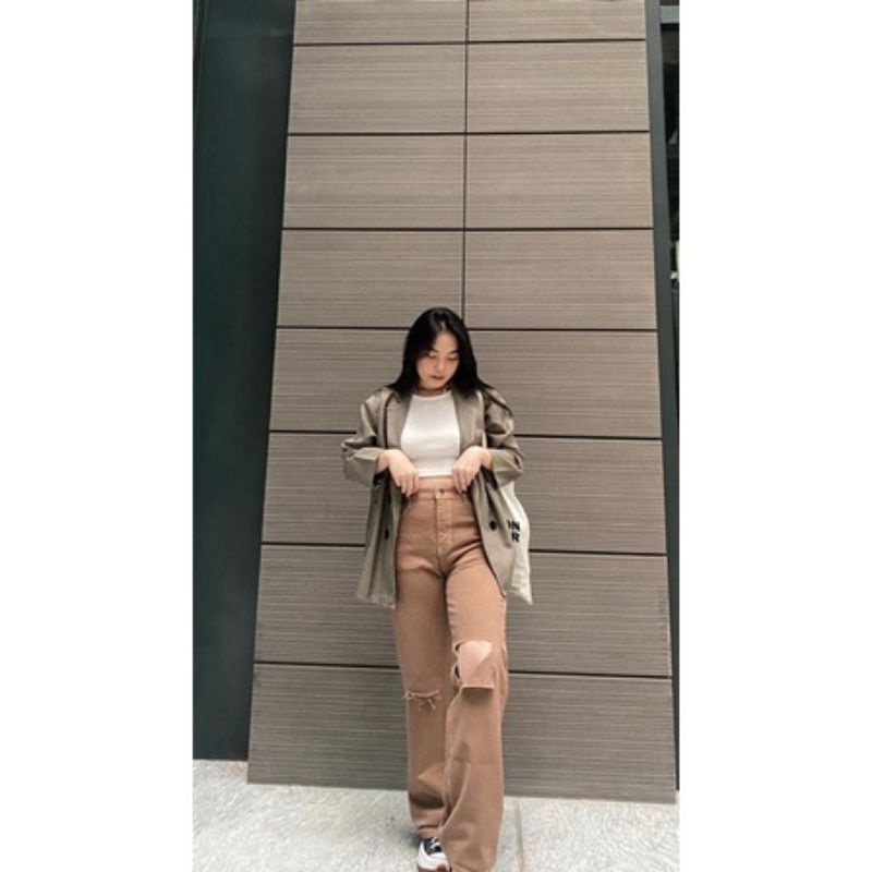 Celana Kulot Jeans Wanita Sobek Highwaist Kaki Lurus Wanita Repped Warna Khaki Cream