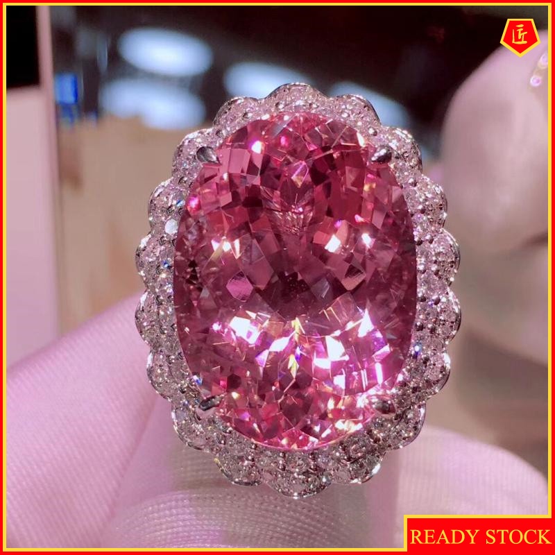 [Ready Stock]Oval Natural Pink Morganite Open Ring Pink Diamond Necklace