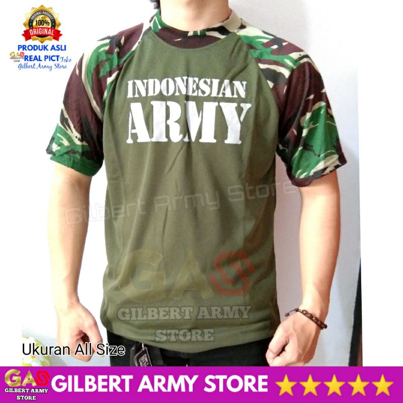 GILBERT ARMY STORE Kaos Loreng Reglan Pendek Indonesia Army Variasi Hijau Malvinas Pria Dewasa