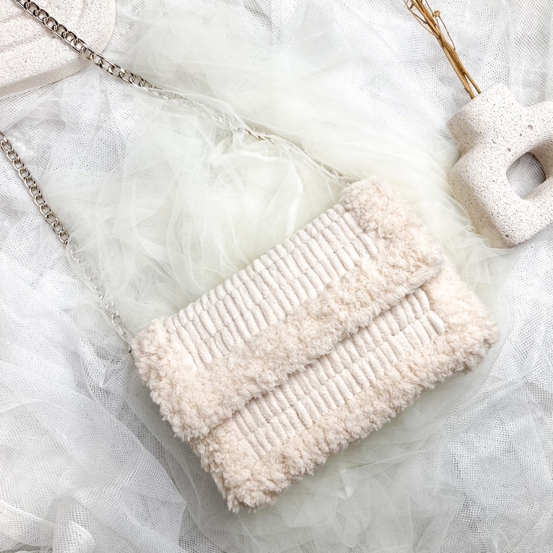 Chenille Bag Ivory - Handmade Sling Bag Wanita Puffy -