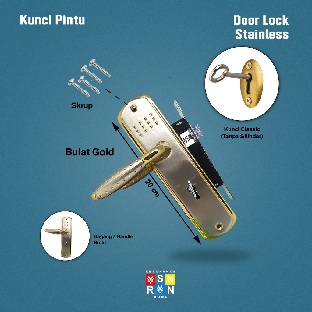 Kunci Pintu Top Grande Gold Dus Hijau Kumplit Set 20cm l Kunci Pintu Kayu Stainless Full Set Resonance Home