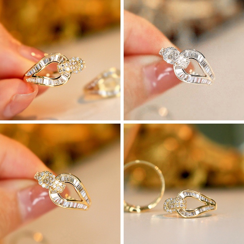 Fancyqube Cincin Emas 18k Desain Geometri Tapal Kuda Hias Kristal Zircon Berkilau Untuk Wanita