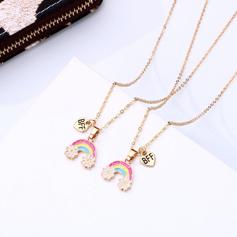 2pcs / Set Kalung Rantai Dengan Liontin Bunga Warna Pelangi Untuk Wanita