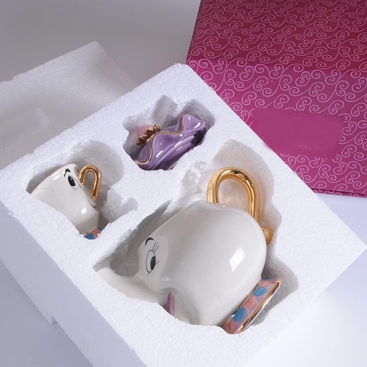 Set Teko Cangkir Teh Mrs Potts Beauty and The Beast Keramik - LFGBEEC - White