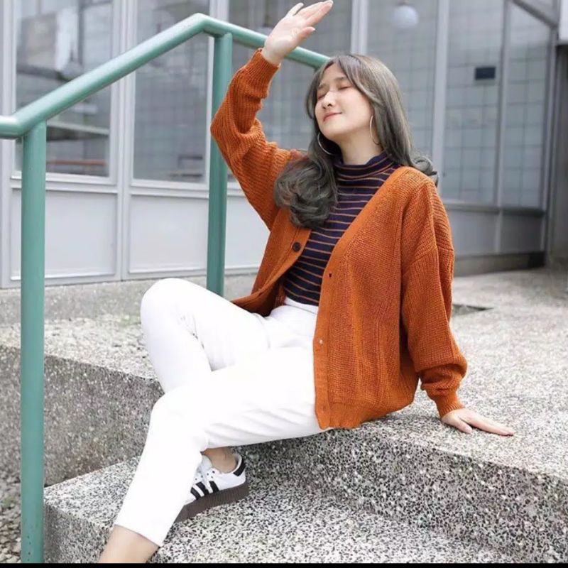 MALIKA CARDY OVERSIZE / Cardigan Rajut Oversize / Baju Rajut / Cardi Crop-Coral